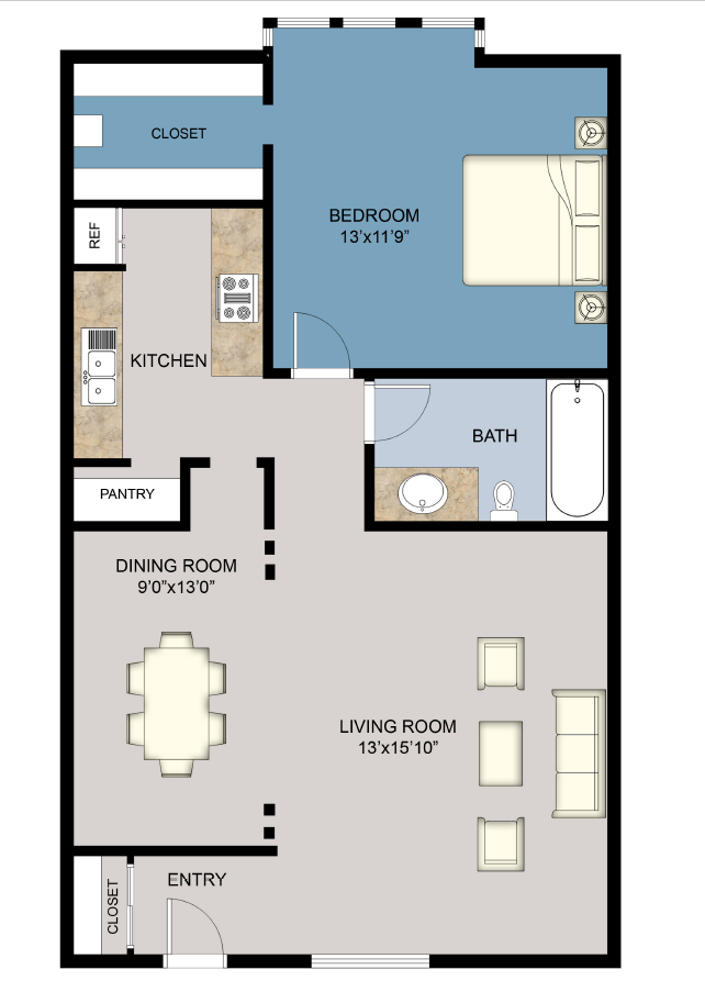 Floor plan for 1 bed, 1 bath, 777 sqft